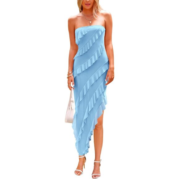 Womens Blue Strapless Tube Asymmetrical Ruffle Maxi Bodycon Dress - Picture 1 of 9